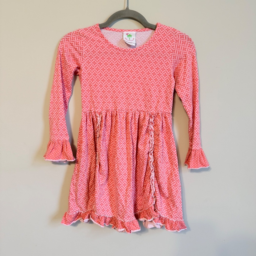 Shrimp & Grits Kids Pink Geometric Ruffle Long Sleeve Dress Girls Size L 7-8